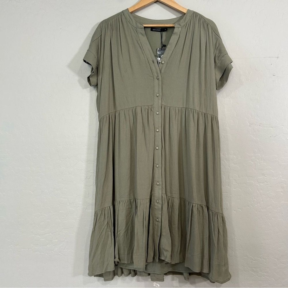 Mikarose Sage Green Tiered Midi Dress XL Cottagecore Flowy Button Front NWT